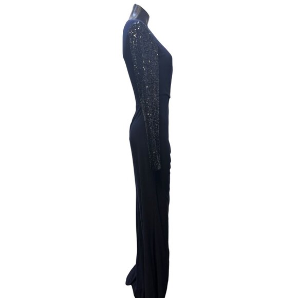 Eliza J Navy Long Formal Gown With Sequined Sleeves & Surplice Neckline Size 6 - Picture 3 of 8